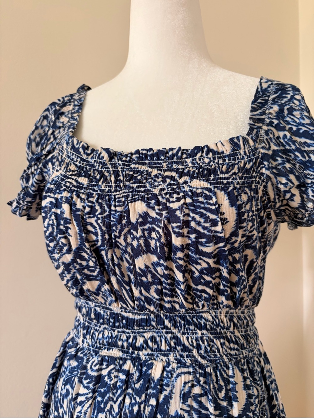Blue and White Printed Smocked Waist Dress - Picture 2 of 2
